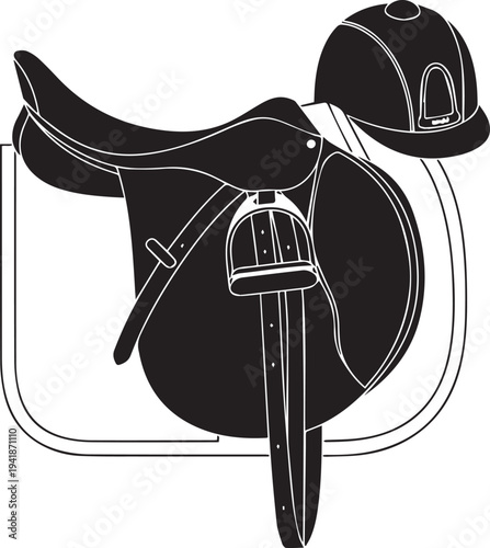 Equestrian saddle and helmet silhouette illustration vector equipment
