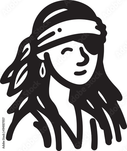 Hand Drawn Woman Pirate Black and White Avatar Illustration in Minimal Line Art Style Design