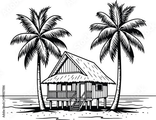 Tropical beach hut with palm trees and ocean view