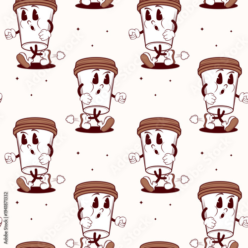 Vintage Retro Cartoon Coffee Cup Seamless Pattern. Cute To-Go Coffee Character Illustration. Seamless vector pattern featuring a funny retro cartoon coffee cup character in a classic 1930s rubber hose