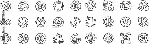 Set of icons related to circular economy. Linear icon collection. Editable stroke. Vector