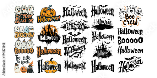 Set of Halloween-themed text phrases with spooky fonts, ghost and pumpkin drawings on white background. Concept of celebration and fun