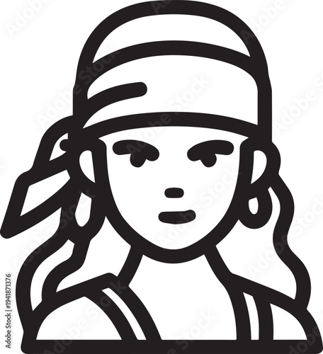 Hand Drawn Woman Pirate Black and White Avatar Illustration in Minimal Line Art Style Design