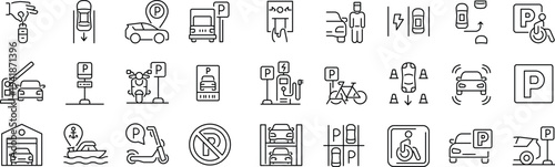 Set of icons related to parking. Linear icon collection. Editable stroke. Vector