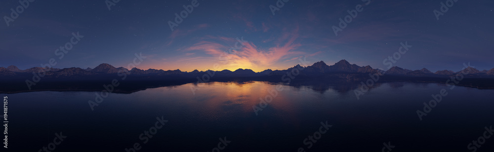 Fototapeta premium Sunset Over Mountain Lake Panorama With Reflective Water and Twilight Sky 3D Rendering