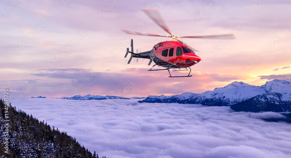 Fototapeta premium Red Helicopter Flying Over Cloud Inversion Above Snowy Mountains At Sunset — 3D Rendering