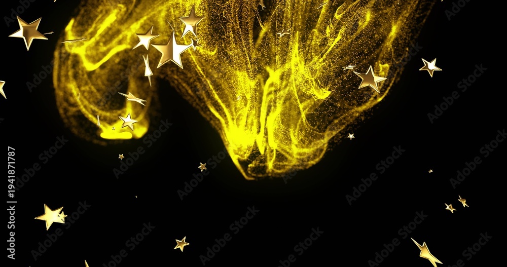 Fototapeta premium Glowing golden dust plume flowing across deep black field, with smaller plume and metallic stars