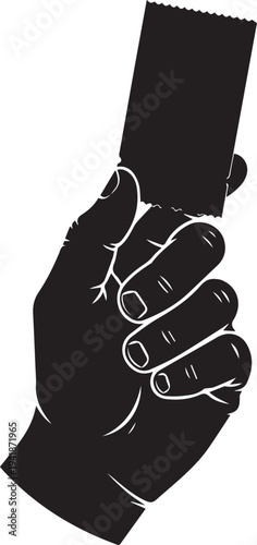 Hand holding small object vector silhouette illustration, close up view, white line art detail