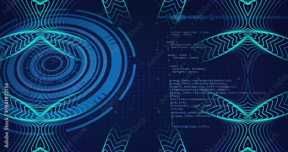 Naklejka premium Animating holographic UI on load, cycling HUD rings, ribbon on navy grid with code for data