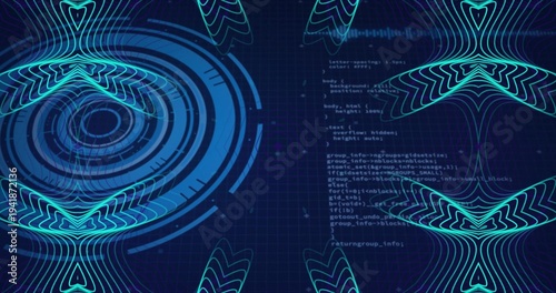 Animating holographic UI on load, cycling HUD rings, ribbon on navy grid with code for data