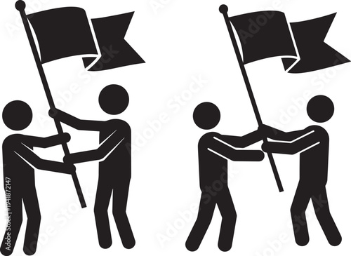 Two men silhouette icon passing flag for teamwork