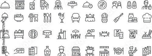 Set of icons related to restaurant, cafe, bistro. Linear icon collection. Editable stroke. Vector