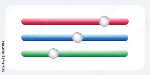 A colorful graphic design featuring three horizontal bars with spheres
