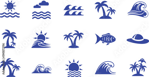 Collection of 13 blue beach icons on white background including sun waves palm trees and sea creatures