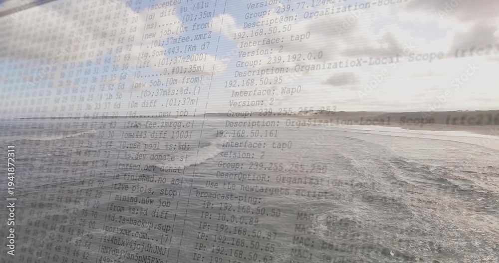 Obraz premium Showing coastal scene, choppy wake heading toward horizon at waterline, with overlay of IP logs