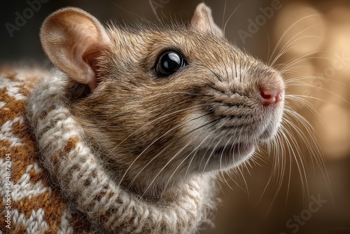 Close up studio shot of a cute brown mouse wearing a small knitted sweater, looking up, with a soft, blurry background, showcasing its fur and whiskers.