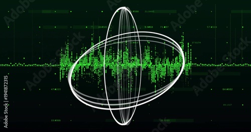 Fotografie White wireframe ellipsoid orbiting central green waveform on screen, showing num