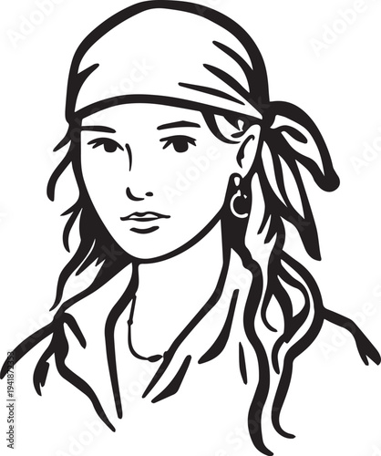 Hand Drawn Woman Pirate Black and White Avatar Illustration in Minimal Line Art Style Design