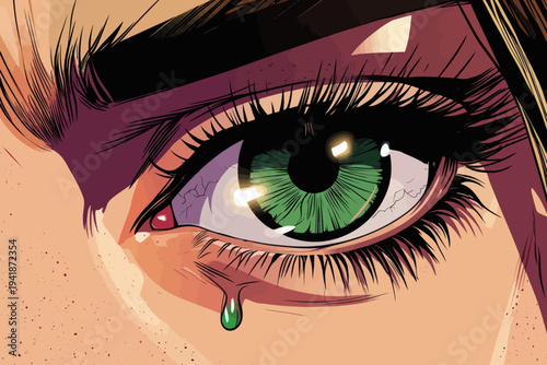 The stock illustration presents a scene of people in the style of retro pop art and vintage ads, focusing on a girl with tears in her eyes