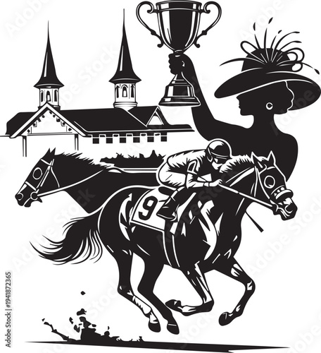 Horse racing vector illustration silhouette, jockey winning trophy, grandstand, lady hat