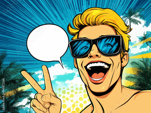 Pop art comic style portrait of a blond man with an open mouth expressing surprise