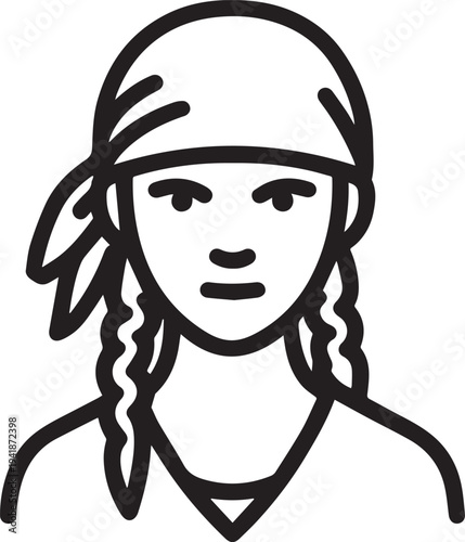 Hand Drawn Woman Pirate Black and White Avatar Illustration in Minimal Line Art Style Design