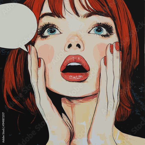 A modern comic pop art background sets the scene for a surprised woman, characterized by her curly red hair and open mouth, raising her hands as she screams out an announcement, making for a lively