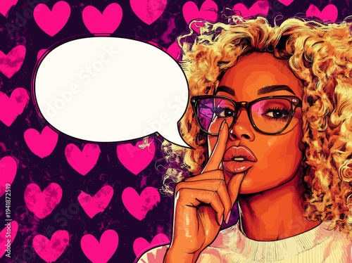 The pop art image showcases a surprised and sexy sun-tanned woman, with blonde curly hair, a speech bubble, and her finger near her mouth, as she smiles, all presented on a modern and bright