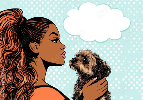 A vintage advertising poster-inspired illustration, created in a modern pop art style, portrays a sexy African American girl with her Yorkshire Terrier and includes a speech bubble, blending retro