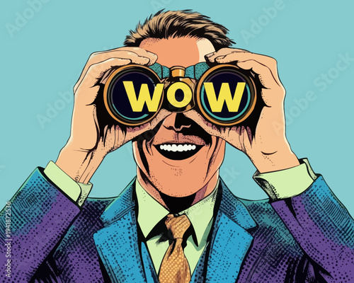 A retro comic-style illustration features a young man in a suit with a surprised expression, an open smile, and binoculars, with 'wow' inscribed in the reflection, all set against a modern and