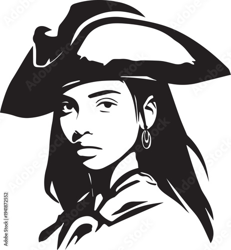 Hand Drawn Woman Pirate Black and White Avatar Illustration in Minimal Line Art Style Design