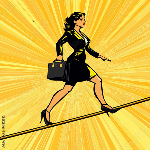 A modern business concept illustration, created in a retro comic pop art style, pictures a businesswoman as she walks along a tight rope