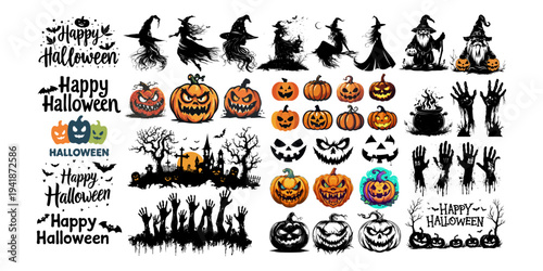 Set of Halloween-themed spooky illustrations including witches, pumpkins, haunted trees, creepy hands and monsters on white background