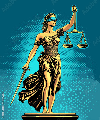 The concept of law and legality is represented by a modern illustration in pop art comic retro style, depicting the goddess of justice, Themis, or Femida, with a balance and sword