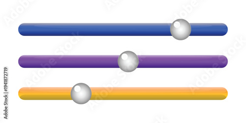 A colorful graphic design featuring three gradient bars with metallic spheres
