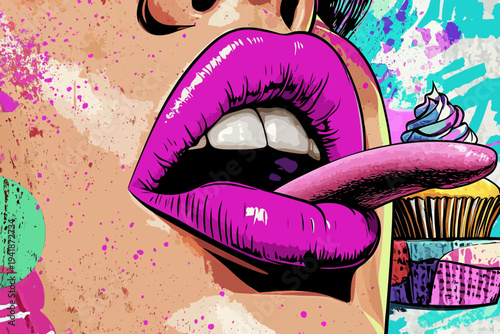 A colorful cupcake is being eaten by a sexy female, whose mouth is open, with the entire scene set on a modern and bright background in a retro pop art comic style
