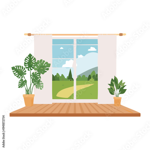 Room with open window plants and landscape view illustration