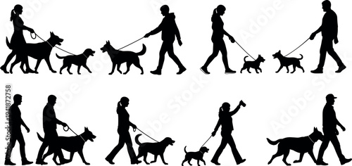 Black silhouette set of various people walking dogs on leashes isolated on white background for pet care and community design