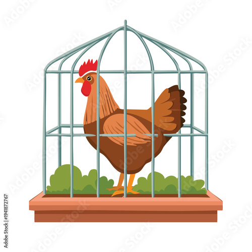 Rooster inside a cage with greenery illustration