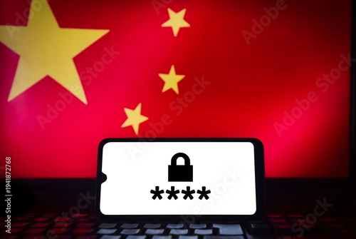 Concept of digital and political secrecy in China, from internet censorship to technology regulations. Smartphone with a padlock and password on the screen with the Chinese flag in the background.