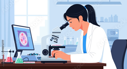 Female Scientist Studying Cells with Microscope in Laboratory