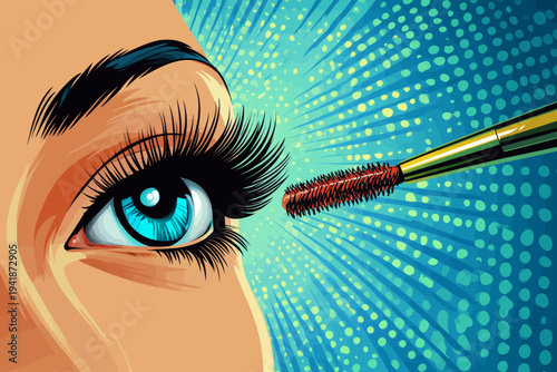 A sexy girl applies pop art style makeup to her face, with a closeup of her eyes being painted with mascara, against a modern and colorful comic retro pop art background