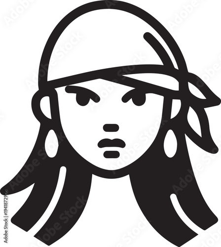 Hand Drawn Woman Pirate Black and White Avatar Illustration in Minimal Line Art Style Design
