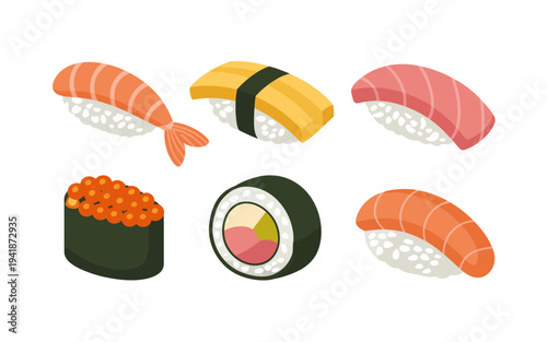 Assortment of Japanese sushi and rolls including salmon tuna shrimp tamago and ikura white background
