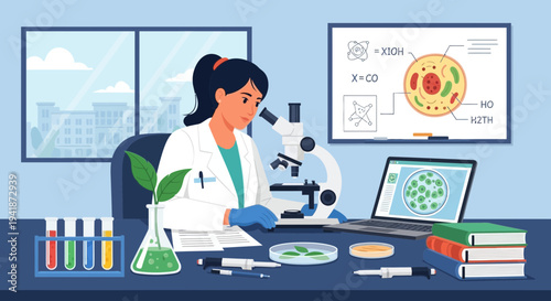 Female Scientist Studying Organic Samples with Microscope in Laboratory