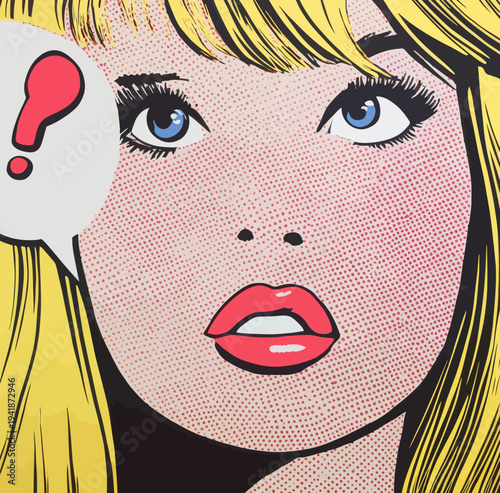 Pop art style illustration of a comic book panel with a perplexed woman and a speech bubble with a question mark, designed in a modern poster style