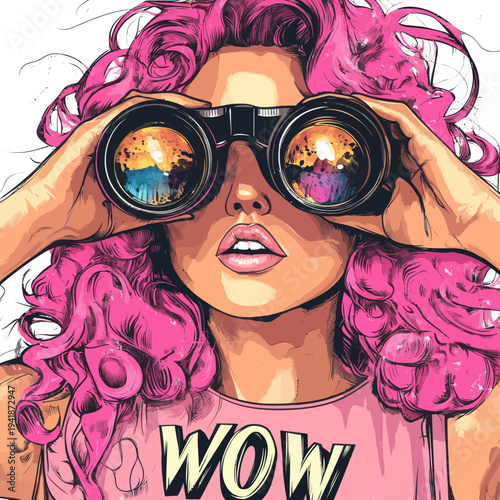 A 'wow face' is captured on the face of a surprised woman, who has pink curly hair and is holding binoculars that reflect the inscription 'wow', presented in a modern pop art style with a retro