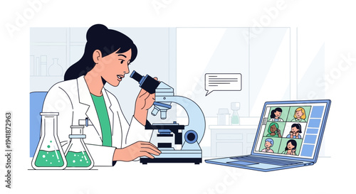 Female Scientist Studying Sample Under Microscope with Video Call