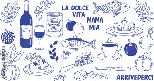 Italian still life illustration with wine food and drink evoking a sense of la dolce vita