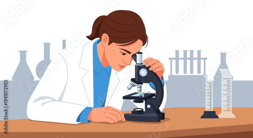 Female Scientist Studying Sample Under Microscope